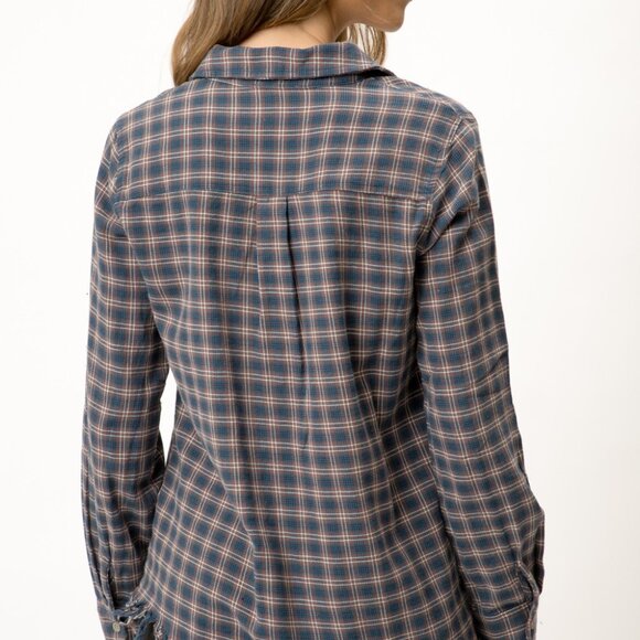MYSTREE Navy Rust Plaid Fringe Hem Button Up Shirt, Long Sleeve Flannel Top - Picture 4 of 7
